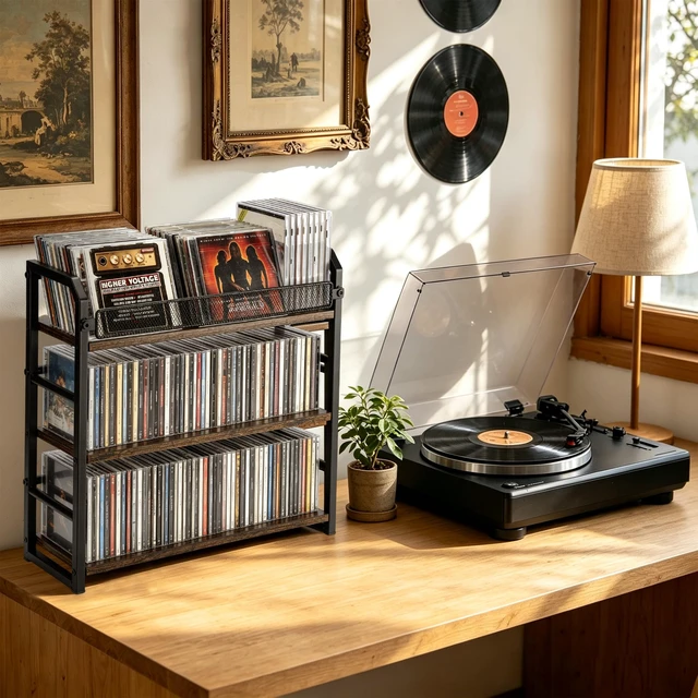 Alt view image 6 of 7 - 3-Tier CD Rack, Storage and Display Organizer, Holds 114 CDs Durable Metal Construction, Compact Space-Saving Holder for Home, Office, or Bedroom