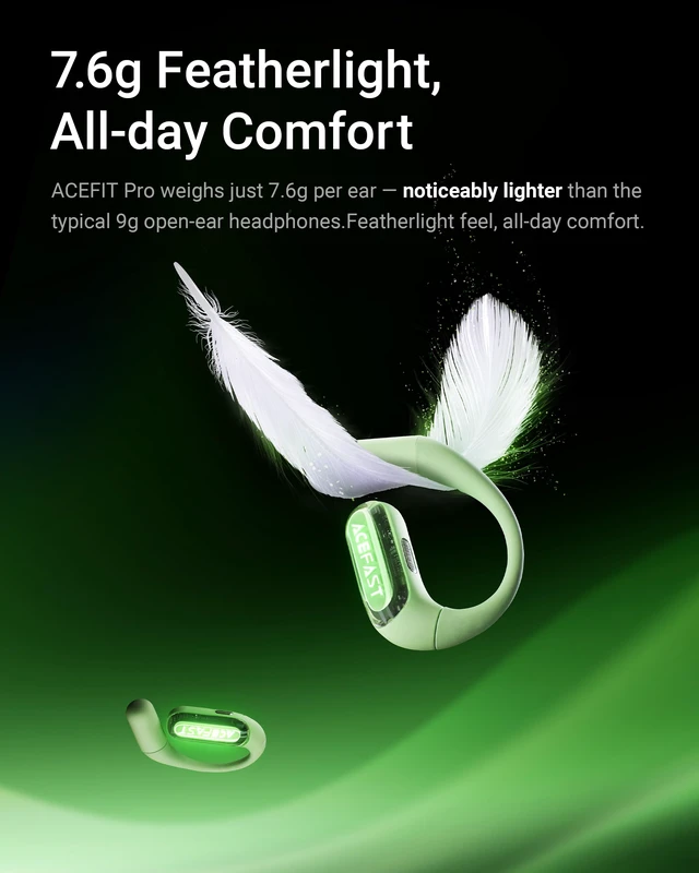 Alt view image 5 of 7 - AceFit Pro Open-Ear Headphones, Night Safety Mode for Sports, Powerful Bass, 7.6g Ultra-Comfort, Bluetooth 5.4, 30H Playtime with Digital Display, IP54 Sports Earbuds for Running & Workouts
