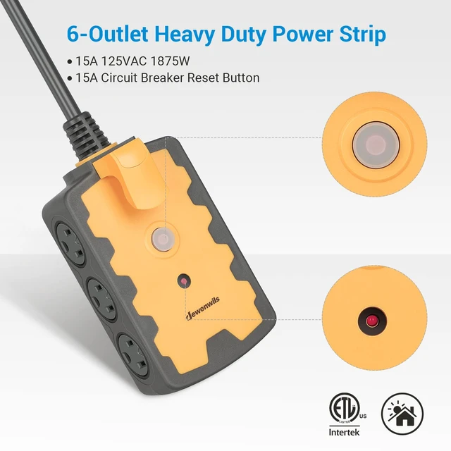 Alt view image 2 of 7 - 15FT Outdoor Extension Cord with 6 Outlets, Extension Cord Heavy Duty 14/3C Gauge, SJTW Wire, 15A Circuit Breaker, Swivel Safety Covers, for Indoor/Outdoor, ETL Listed