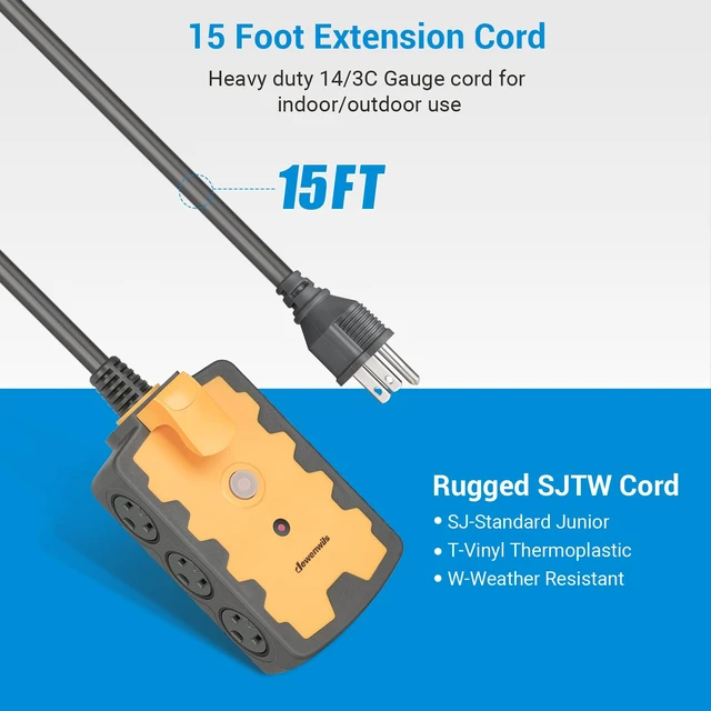 Alt view image 3 of 7 - 15FT Outdoor Extension Cord with 6 Outlets, Extension Cord Heavy Duty 14/3C Gauge, SJTW Wire, 15A Circuit Breaker, Swivel Safety Covers, for Indoor/Outdoor, ETL Listed