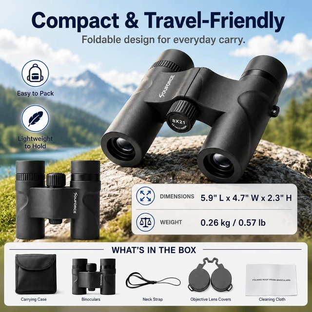 Alt view image 2 of 7 - 8x21 Compact Binoculars for Adults BAK4 Prism High Powered 21mm Eyepieces BAK4 Prism, FMC Optics 262ft Wide View Waterproof 6.3oz Lightweight Bird Watching Hiking Travel Concerts Gift