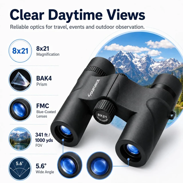 Alt view image 3 of 7 - 8x21 Compact Binoculars for Adults BAK4 Prism High Powered 21mm Eyepieces BAK4 Prism, FMC Optics 262ft Wide View Waterproof 6.3oz Lightweight Bird Watching Hiking Travel Concerts Gift