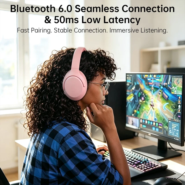 Alt view image 6 of 7 - Active Noise Cancelling Headphones, 65H ANC Playtime Wireless Bluetooth Custom EQ Headphones with Mic, Bluetooth 6.0, Hi-Res Audio, Transparency Mode, Cat Ears Headsets,Commute/Travel/Pink