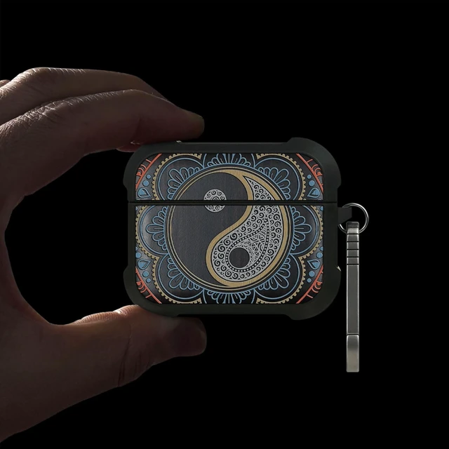 Alt view image 2 of 7 - Black Solid Wood for AirPods Pro 3 Case (2025), Yin Yang Balance AirPods Pro Case 3rd Generation, Titanium metal Quick Released Keychain, Compatible with Wireless Charging, Hand-Drawn Style