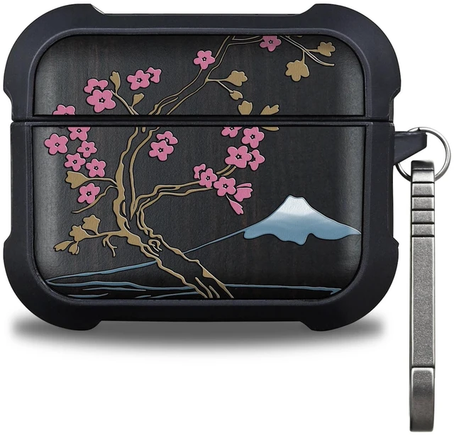 Main image of Black Solid Wood for AirPods Pro 3 Case (2025), Cherry Blossoms AirPods Pro Case 3rd Generation, Titanium metal Quick Released Keychain, Compatible with Wireless Charging, Hand-Drawn Style