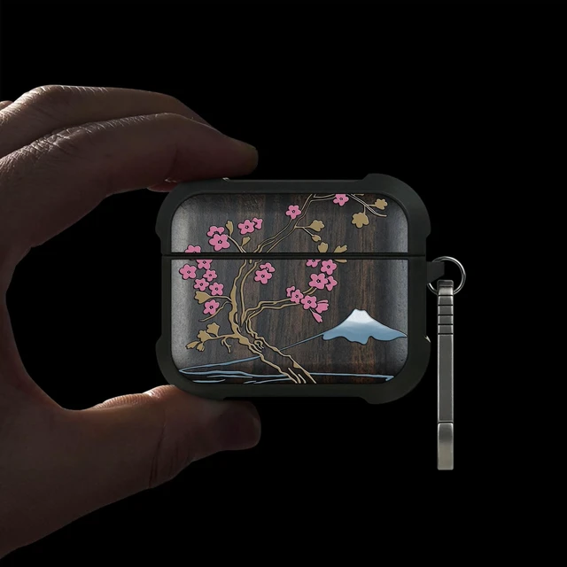Alt view image 2 of 7 - Black Solid Wood for AirPods Pro 3 Case (2025), Cherry Blossoms AirPods Pro Case 3rd Generation, Titanium metal Quick Released Keychain, Compatible with Wireless Charging, Hand-Drawn Style