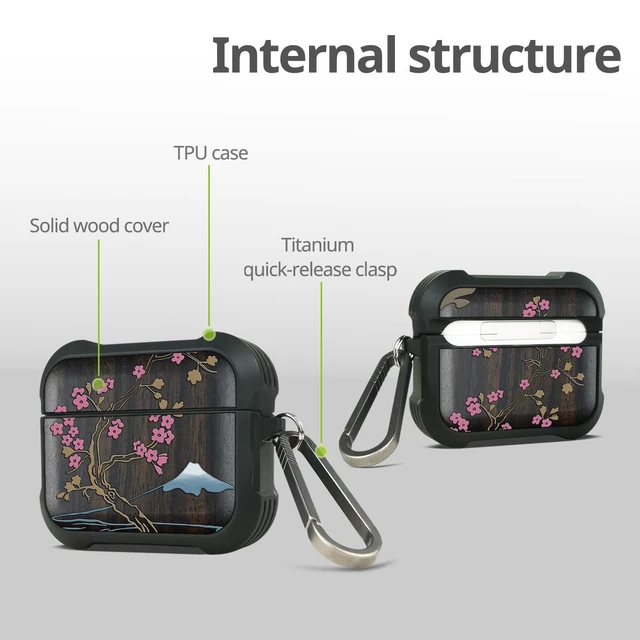 Alt view image 4 of 7 - Black Solid Wood for AirPods Pro 3 Case (2025), Cherry Blossoms AirPods Pro Case 3rd Generation, Titanium metal Quick Released Keychain, Compatible with Wireless Charging, Hand-Drawn Style