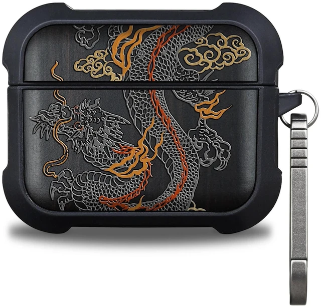 Main image of Black Solid Wood for AirPods Pro 3 Case (2025), Imperial Dragon AirPods Pro Case 3rd Generation, Titanium metal Quick Released Keychain, Compatible with Wireless Charging, Hand-Drawn Style