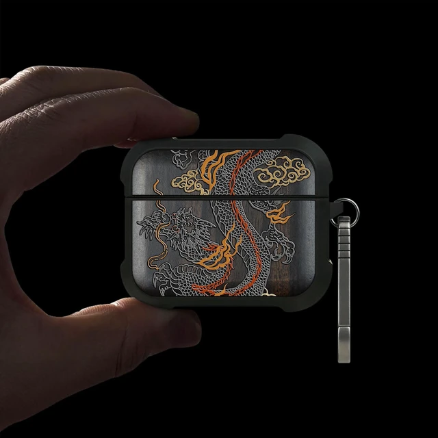 Alt view image 2 of 7 - Black Solid Wood for AirPods Pro 3 Case (2025), Imperial Dragon AirPods Pro Case 3rd Generation, Titanium metal Quick Released Keychain, Compatible with Wireless Charging, Hand-Drawn Style