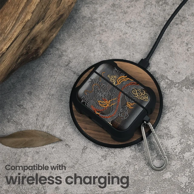 Alt view image 5 of 7 - Black Solid Wood for AirPods Pro 3 Case (2025), Imperial Dragon AirPods Pro Case 3rd Generation, Titanium metal Quick Released Keychain, Compatible with Wireless Charging, Hand-Drawn Style