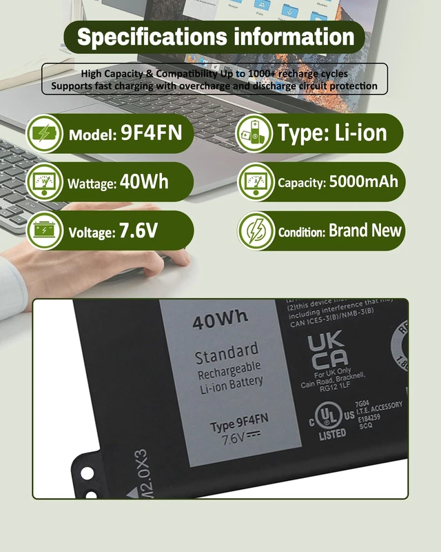Alt view image 4 of 6 - 40Wh 9F4FN Battery Replacement for Dell Latitude 7320 Detachable for Dell Inspiron 14 3420 Series 09F4FN 2VKW9 8PK6G