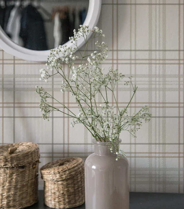 Alt view image 2 of 7 - Peel and Stick Wallpaper Check Plaid Boho Neutral - Self Adhesive Waterproof Vinyl Wallpaper for Walls, Kitchen Backsplash, Bathroom, Bedroom, Rentals (Light, 17.3" X 118.11")