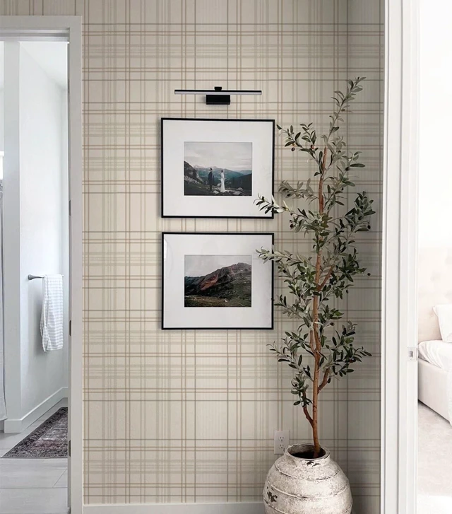 Alt view image 4 of 7 - Peel and Stick Wallpaper Check Plaid Boho Neutral - Self Adhesive Waterproof Vinyl Wallpaper for Walls, Kitchen Backsplash, Bathroom, Bedroom, Rentals (Light, 17.3" X 118.11")