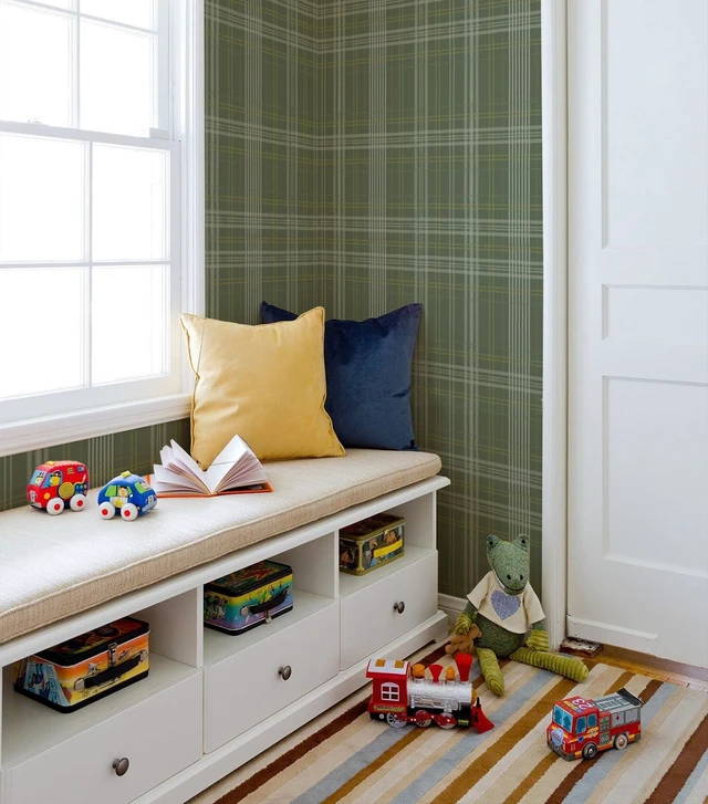Alt view image 3 of 6 - Peel and Stick Wallpaper Check Plaid Olive Green - Classic Self Adhesive Waterproof Vinyl Wallpaper for Modern Farmhouse Decor for Entryway Hallway Bedroom Accent Walls 17.3" X 118.11"