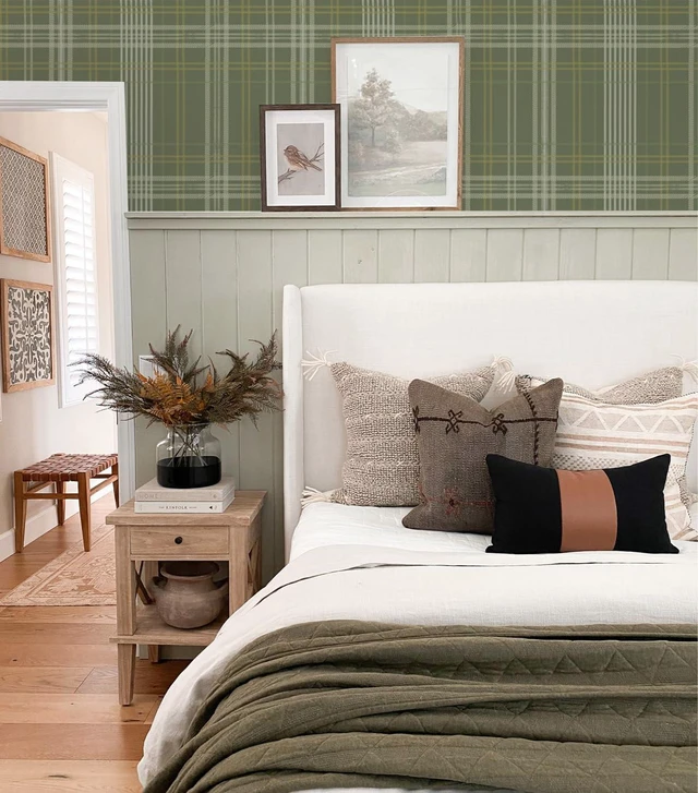 Alt view image 2 of 6 - Peel and Stick Wallpaper Check Plaid Olive Green - Classic Self Adhesive Waterproof Vinyl Wallpaper for Modern Farmhouse Decor for Entryway Hallway Bedroom Accent Walls 17.3" X 118.11"