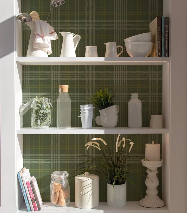 Alt view image 6 of 6 - Peel and Stick Wallpaper Check Plaid Olive Green - Classic Self Adhesive Waterproof Vinyl Wallpaper for Modern Farmhouse Decor for Entryway Hallway Bedroom Accent Walls 17.3" X 118.11"