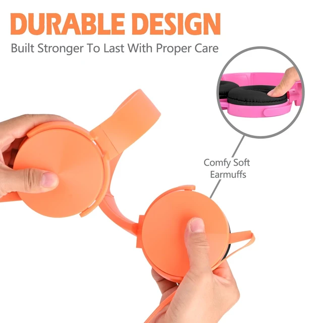 Alt view image 4 of 6 - Kids Headphones 2 Pack for School Classroom, Wired Durable Earphones Class Set for Students Children Toddler Teens Boys Girls and Adult (HY450, Orange+Pink)
