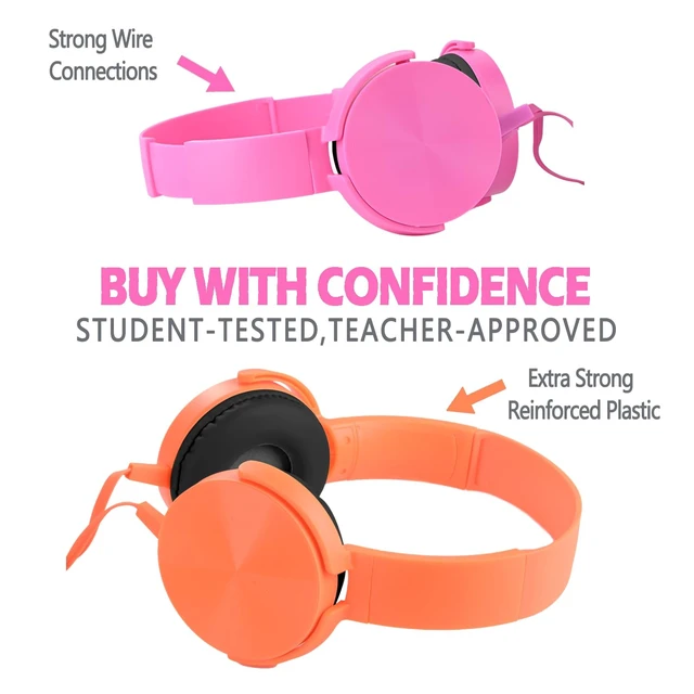 Alt view image 2 of 6 - Kids Headphones 2 Pack for School Classroom, Wired Durable Earphones Class Set for Students Children Toddler Teens Boys Girls and Adult (HY450, Orange+Pink)