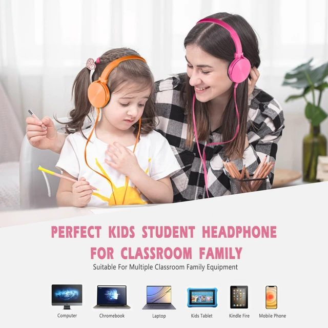 Alt view image 5 of 6 - Kids Headphones 2 Pack for School Classroom, Wired Durable Earphones Class Set for Students Children Toddler Teens Boys Girls and Adult (HY450, Orange+Pink)