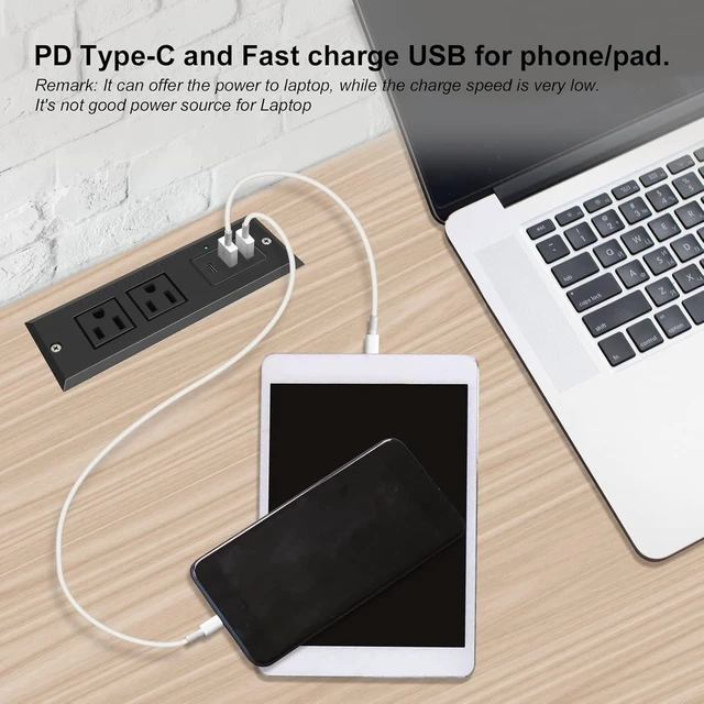 Alt view image 4 of 7 - 20W Recessed Power Strip USB C Fast Charge Desk Power Outlet Type C Flush Mounted Extension Power Plug for Conference Countertop Desktop Drawer Sofa ETL Listed 10ft Power Cord