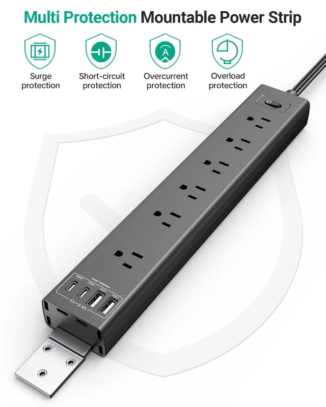 Alt view image 2 of 7 - 360° Mountable Surge Protector Power Strip, 6AC+4USB (2 USB-C PD20W), 6FT Flat Plug Extension Cord Under Desk/Wall/Corner Mount for Home/Office/Gaming/Kitchen