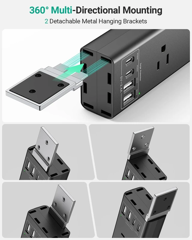 Alt view image 3 of 7 - 360° Mountable Surge Protector Power Strip, 6AC+4USB (2 USB-C PD20W), 6FT Flat Plug Extension Cord Under Desk/Wall/Corner Mount for Home/Office/Gaming/Kitchen