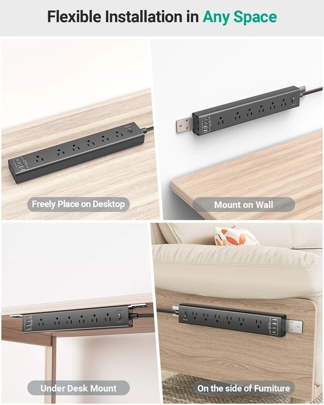 Alt view image 4 of 7 - 360° Mountable Surge Protector Power Strip, 6AC+4USB (2 USB-C PD20W), 6FT Flat Plug Extension Cord Under Desk/Wall/Corner Mount for Home/Office/Gaming/Kitchen