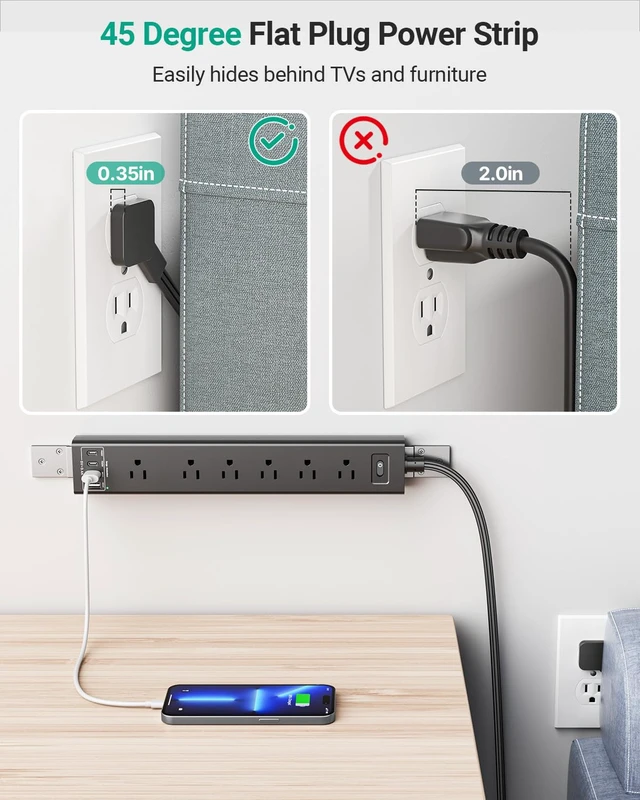 Alt view image 5 of 7 - 360° Mountable Surge Protector Power Strip, 6AC+4USB (2 USB-C PD20W), 6FT Flat Plug Extension Cord Under Desk/Wall/Corner Mount for Home/Office/Gaming/Kitchen