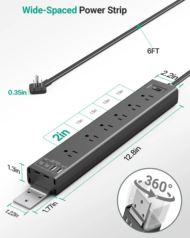 Alt view image 7 of 7 - 360° Mountable Surge Protector Power Strip, 6AC+4USB (2 USB-C PD20W), 6FT Flat Plug Extension Cord Under Desk/Wall/Corner Mount for Home/Office/Gaming/Kitchen