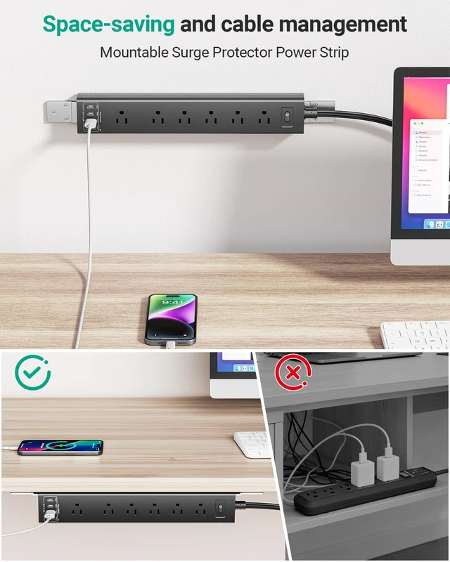 Alt view image 6 of 7 - 360° Mountable Surge Protector Power Strip, 6AC+4USB (2 USB-C PD20W), 6FT Flat Plug Extension Cord Under Desk/Wall/Corner Mount for Home/Office/Gaming/Kitchen