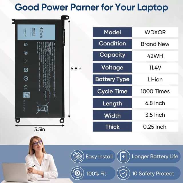 Alt view image 4 of 7 - 42WH WDX0R Replacement Laptop Battery for Dell Inspiron 13 15 5000 7000 Series 5567 5570 7378 7573 7579 5565 5379 5378 Latitude 3390 3190 Vostro 5468 5568 P69G P58F 3CRH3 11.4V