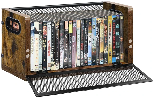 Main image of DVD Storage Rack, 1 Pack DVD Case Holder Organizer for 28 DVDs or 32 Blu-ray Cases, Wood and Metal Media Shelf with Handles for Desktop or Closet