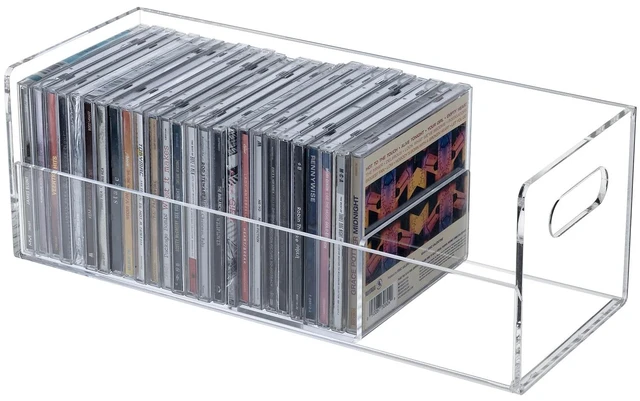 Main image of Modern Premium Clear Acrylic Stackable CD Holder Rack with Cutout Carrying Handles, Compact Disc Jewel Case Display Crate, Media Storage Organizer