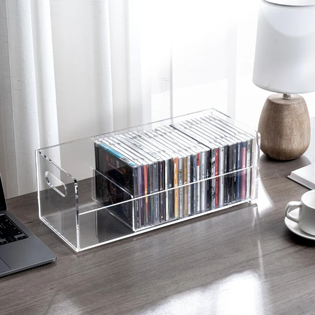 Alt view image 7 of 7 - Modern Premium Clear Acrylic Stackable CD Holder Rack with Cutout Carrying Handles, Compact Disc Jewel Case Display Crate, Media Storage Organizer
