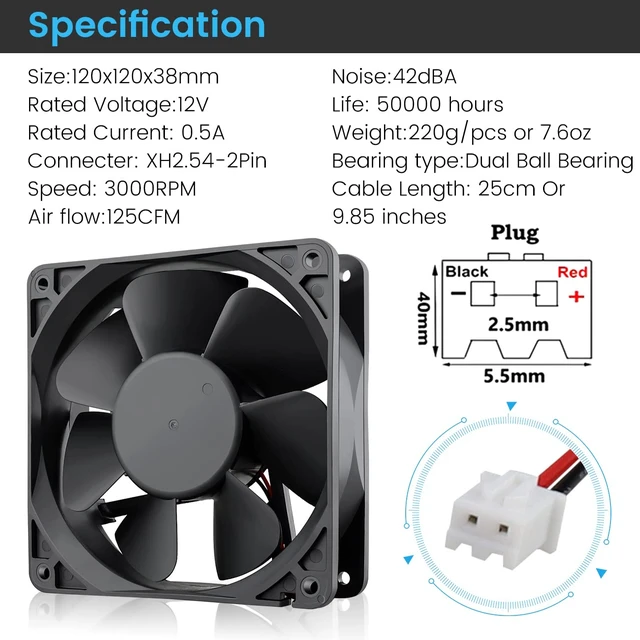 Alt view image 2 of 7 - 120mm x120 x 38mm 12V 2Pin Dual Ball 12cm Industrial Cooling Fan High Airflow
