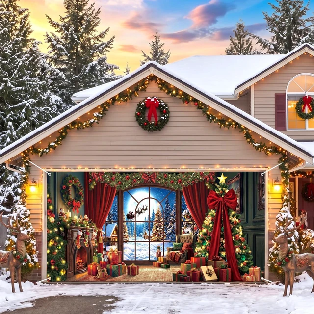 Main image of Christmas Garage Door Decor 7x16 ft Fireplace Large Window Moonlight Scene Snowy Forest Reindeer Cover Banner with Tree Wreath Bow, Holiday Wall Decor for Outdoor Yard Party, Waterproof Easy Install