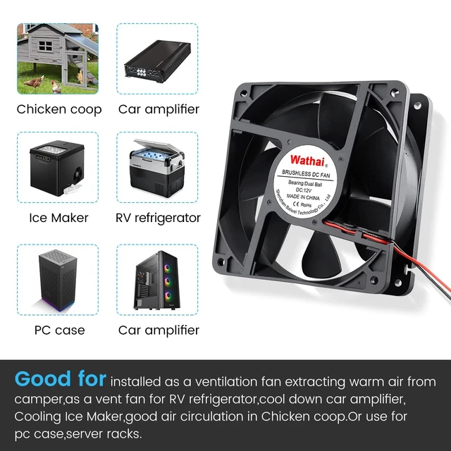 Alt view image 6 of 7 - 120mm x120 x 38mm 12V 2Pin Dual Ball 12cm Industrial Cooling Fan High Airflow