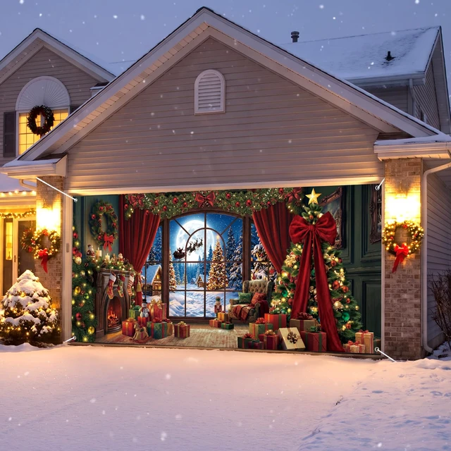 Alt view image 3 of 7 - Christmas Garage Door Decor 7x16 ft Fireplace Large Window Moonlight Scene Snowy Forest Reindeer Cover Banner with Tree Wreath Bow, Holiday Wall Decor for Outdoor Yard Party, Waterproof Easy Install