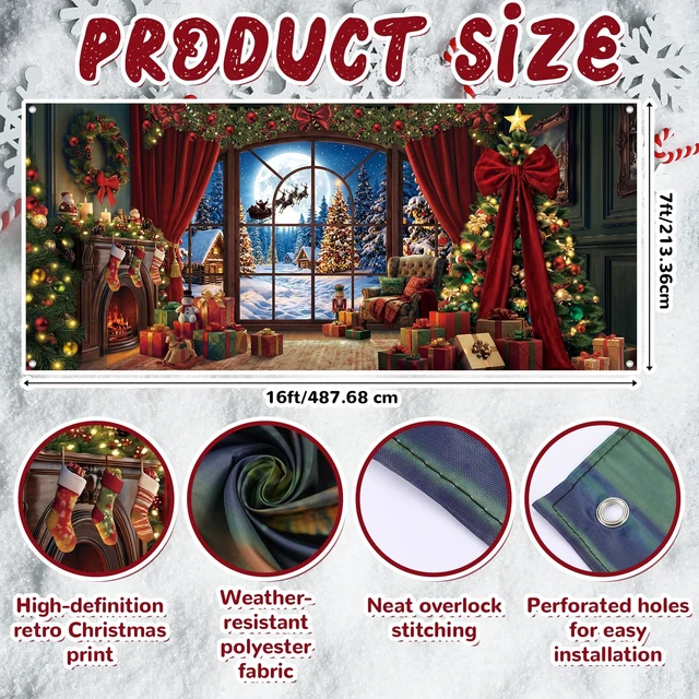 Alt view image 2 of 7 - Christmas Garage Door Decor 7x16 ft Fireplace Large Window Moonlight Scene Snowy Forest Reindeer Cover Banner with Tree Wreath Bow, Holiday Wall Decor for Outdoor Yard Party, Waterproof Easy Install