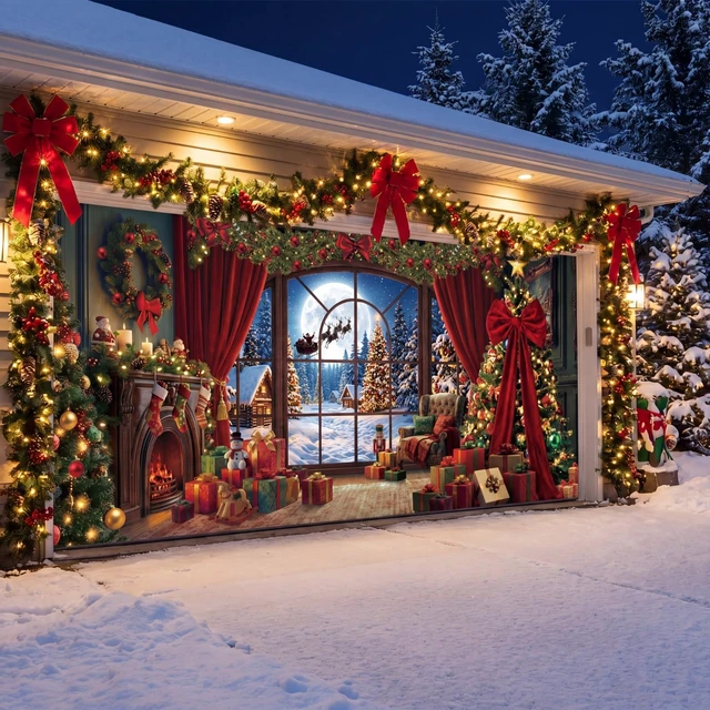 Alt view image 4 of 7 - Christmas Garage Door Decor 7x16 ft Fireplace Large Window Moonlight Scene Snowy Forest Reindeer Cover Banner with Tree Wreath Bow, Holiday Wall Decor for Outdoor Yard Party, Waterproof Easy Install