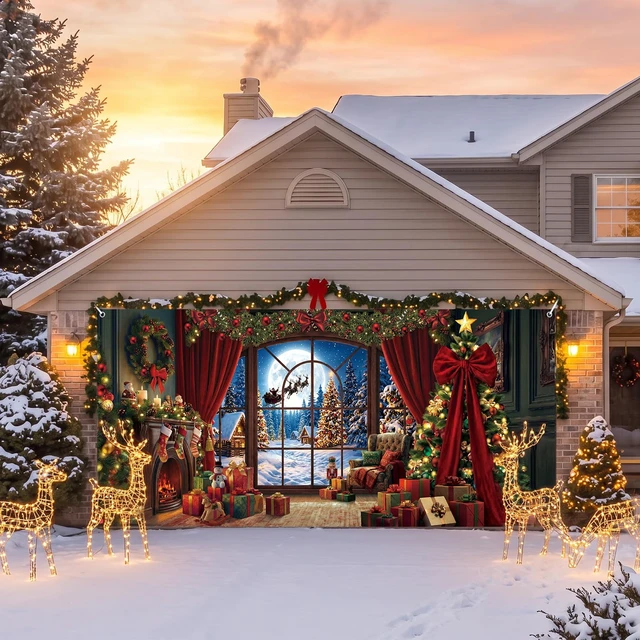 Alt view image 6 of 7 - Christmas Garage Door Decor 7x16 ft Fireplace Large Window Moonlight Scene Snowy Forest Reindeer Cover Banner with Tree Wreath Bow, Holiday Wall Decor for Outdoor Yard Party, Waterproof Easy Install