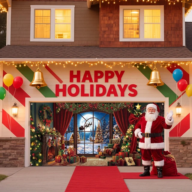 Alt view image 7 of 7 - Christmas Garage Door Decor 7x16 ft Fireplace Large Window Moonlight Scene Snowy Forest Reindeer Cover Banner with Tree Wreath Bow, Holiday Wall Decor for Outdoor Yard Party, Waterproof Easy Install