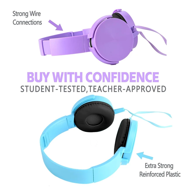Alt view image 2 of 7 - 2 Pack Kids Headphones for School Classroom, Wired Computer Online Learning Headset for K-12 Students, Durable Soft Swivel On Ear Pads Earphones for Laptop PC Meetings Calls (Light blue+Purple)