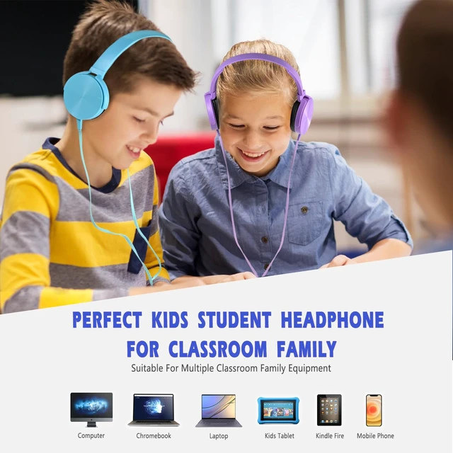 Alt view image 6 of 7 - 2 Pack Kids Headphones for School Classroom, Wired Computer Online Learning Headset for K-12 Students, Durable Soft Swivel On Ear Pads Earphones for Laptop PC Meetings Calls (Light blue+Purple)