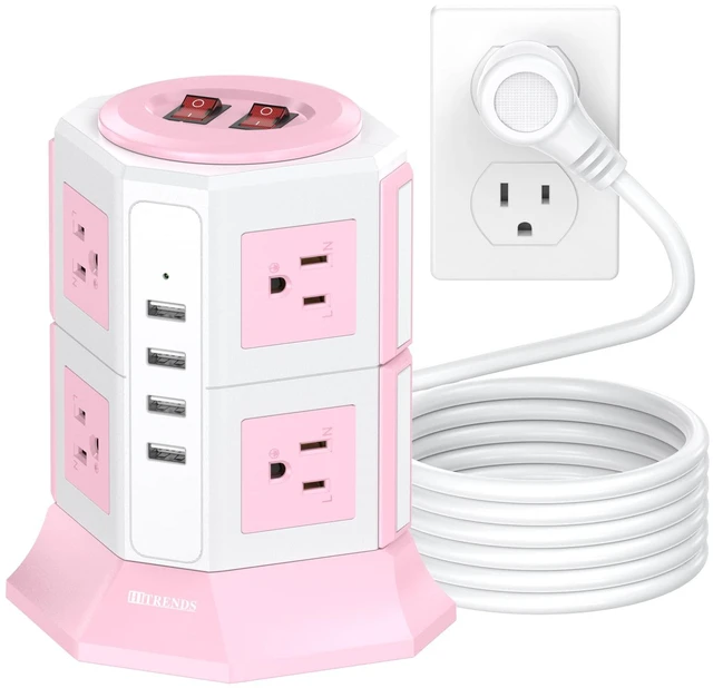 Main image of Pink Tower Power Strip with 8 AC Outlets and 4 USB Ports, 1050J Overload Protection, 16AWG 10 Ft Flat Plug Extension Cord, Space Saving Vertical Design for Home Office and Dorm Room
