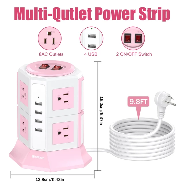 Alt view image 2 of 7 - Pink Tower Power Strip with 8 AC Outlets and 4 USB Ports, 1050J Overload Protection, 16AWG 10 Ft Flat Plug Extension Cord, Space Saving Vertical Design for Home Office and Dorm Room