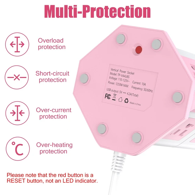 Alt view image 4 of 7 - Pink Tower Power Strip with 8 AC Outlets and 4 USB Ports, 1050J Overload Protection, 16AWG 10 Ft Flat Plug Extension Cord, Space Saving Vertical Design for Home Office and Dorm Room