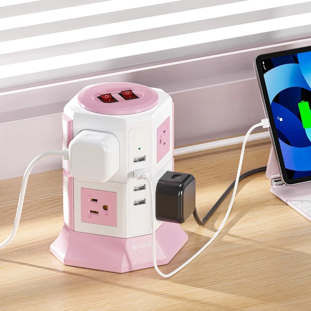 Alt view image 5 of 7 - Pink Tower Power Strip with 8 AC Outlets and 4 USB Ports, 1050J Overload Protection, 16AWG 10 Ft Flat Plug Extension Cord, Space Saving Vertical Design for Home Office and Dorm Room