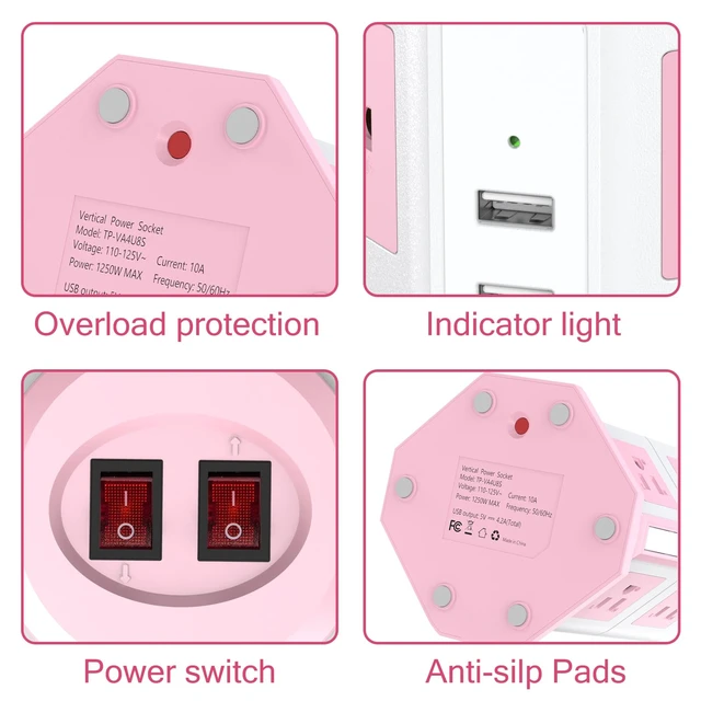 Alt view image 3 of 7 - Pink Tower Power Strip with 8 AC Outlets and 4 USB Ports, 1050J Overload Protection, 16AWG 10 Ft Flat Plug Extension Cord, Space Saving Vertical Design for Home Office and Dorm Room