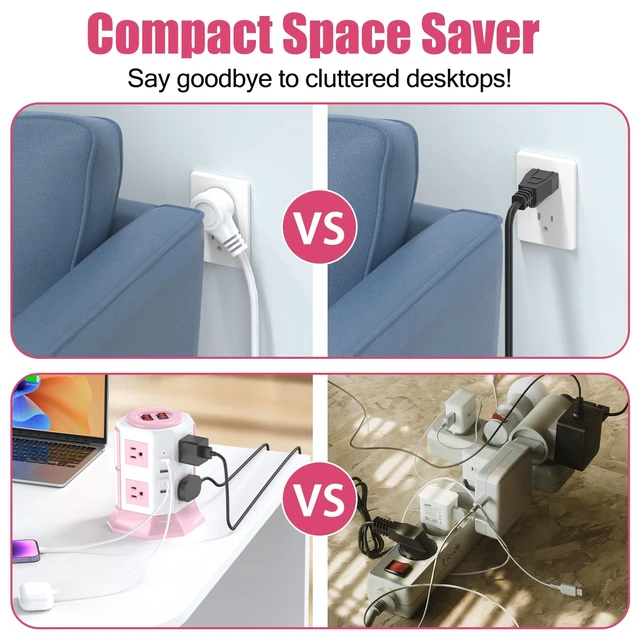 Alt view image 6 of 7 - Pink Tower Power Strip with 8 AC Outlets and 4 USB Ports, 1050J Overload Protection, 16AWG 10 Ft Flat Plug Extension Cord, Space Saving Vertical Design for Home Office and Dorm Room
